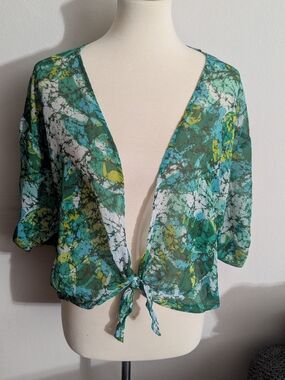 Ruby Rd Teal Green Blue White Chiffon Floral 3/4 Sleeve Cardigan Blouse Top 8P